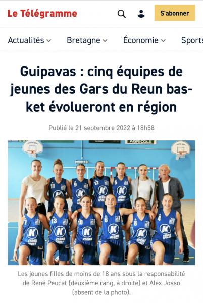 [DANS LA PRESSE - LE TÉLÉGRAMME] - Cinq équipes de jeunes des Gars du Reun basket évolueront en Région 📰